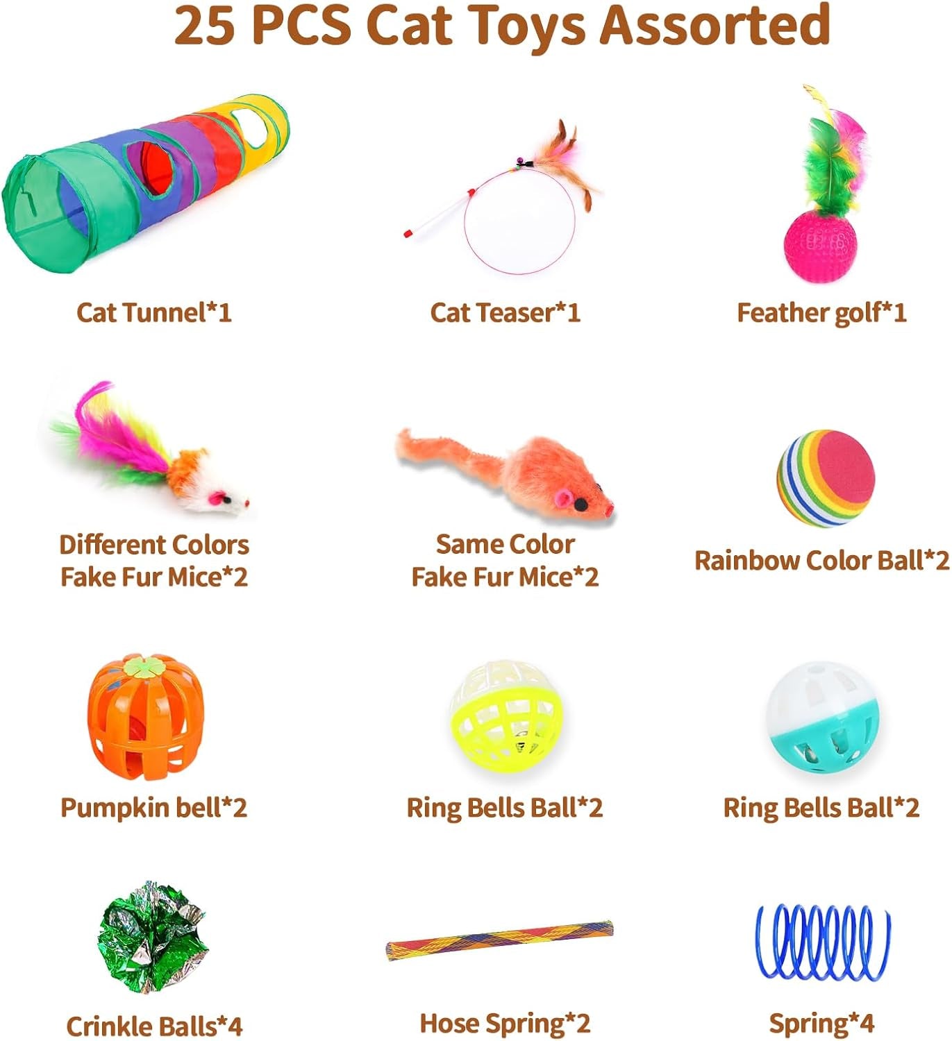 25-Piece Interactive Cat Toy Set with Rainbow Tunnel - Comprehensive Bundle for Indoor Cats and Kittens Featuring Feather Teasers, Springs, Balls, Mice, and Noise Toys
