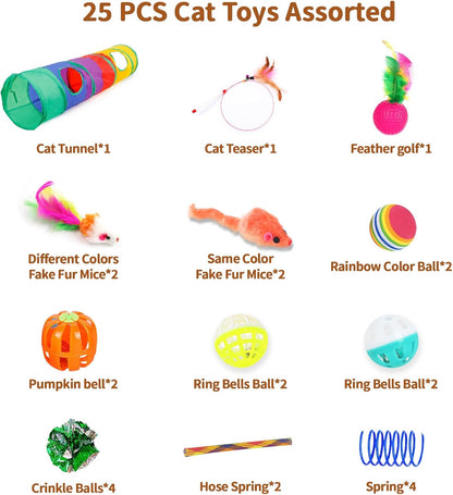 25-Piece Interactive Cat Toy Set with Rainbow Tunnel - Comprehensive Bundle for Indoor Cats and Kittens Featuring Feather Teasers, Springs, Balls, Mice, and Noise Toys
