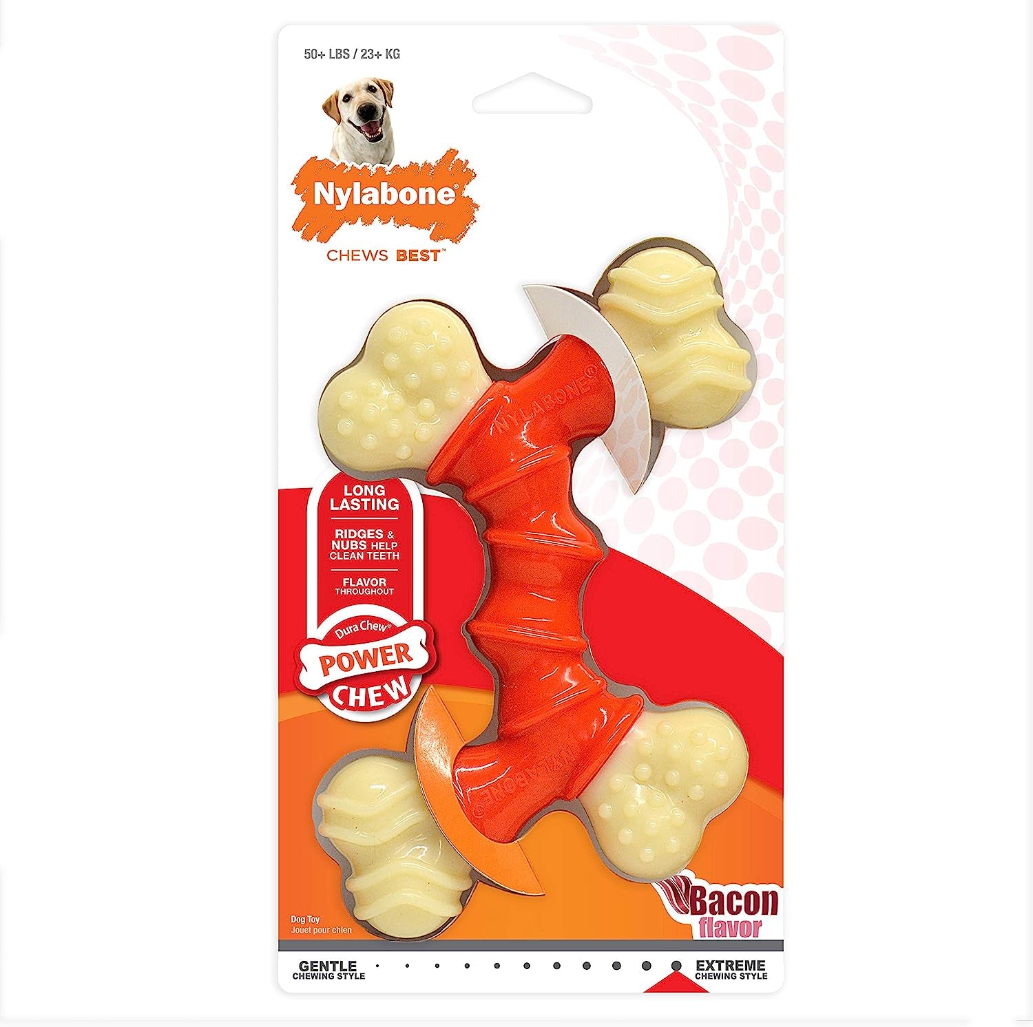 X-Large Double Bone Power Chew Toy for Aggressive Chewers - Bacon Flavor, Suitable for Dogs Over 50 lbs, Single Count