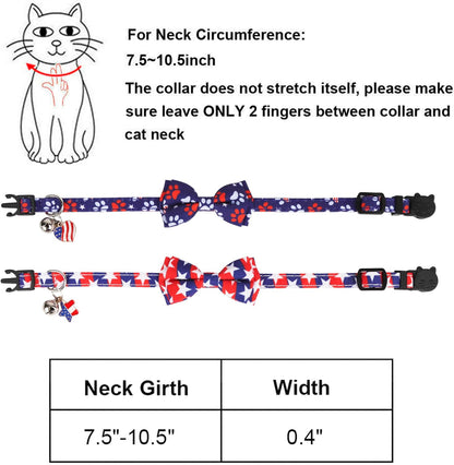 American Flag Cat Collar Breakaway with Bow Tie Bell - 2 Pack 4Th of July Kitten Collar with Removable Bowtie Red Blue American Flag Collars for Cat Kitten