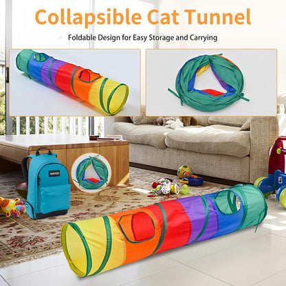 25-Piece Interactive Cat Toy Set with Rainbow Tunnel - Comprehensive Bundle for Indoor Cats and Kittens Featuring Feather Teasers, Springs, Balls, Mice, and Noise Toys