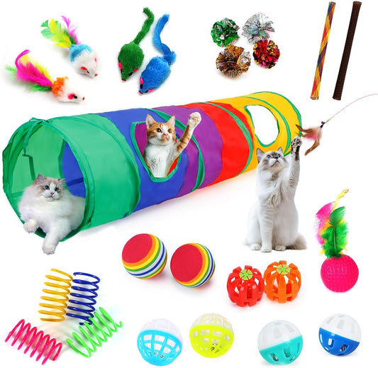 25-Piece Interactive Cat Toy Set with Rainbow Tunnel - Comprehensive Bundle for Indoor Cats and Kittens Featuring Feather Teasers, Springs, Balls, Mice, and Noise Toys